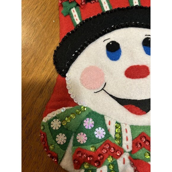 DesignWorks Crafts Felt Christmas Stocking Handcrafted "Pointsettia Snowman" 18" - Picture 3 of 9